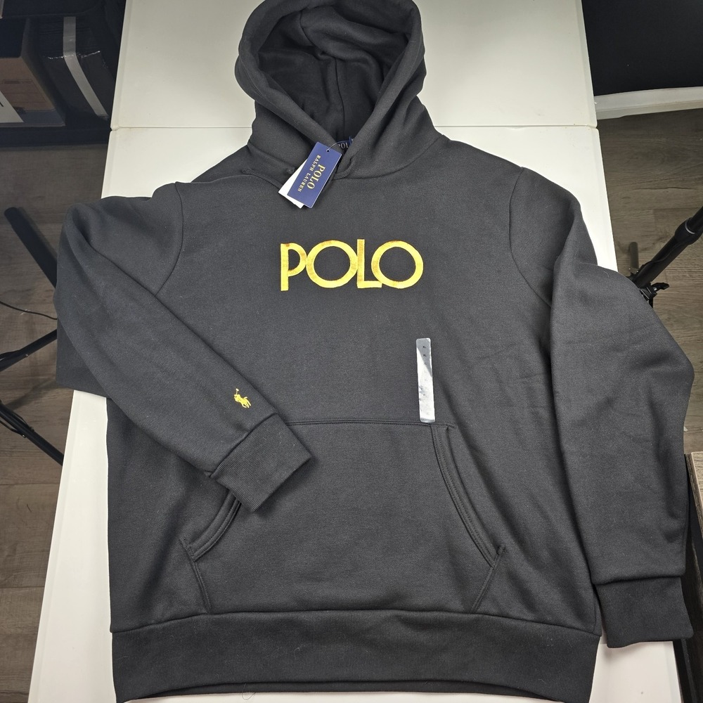 New Polo Ralph Lauren Men's Black Hoodie Gold Embroidered Polo Fleece XL